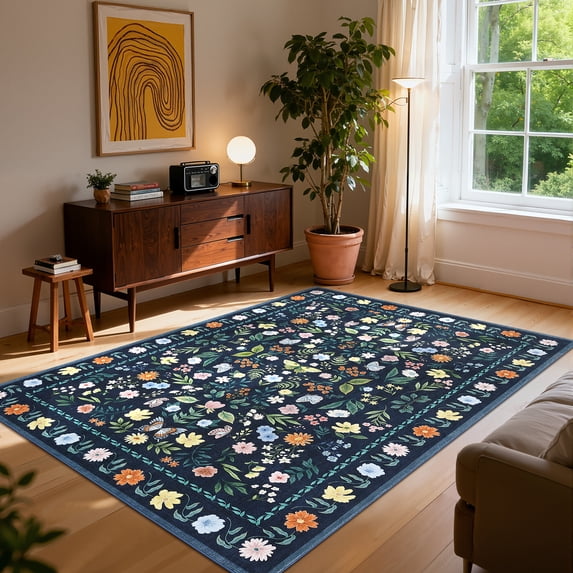 COZONY Boho Floral Area Rug 8x10 ft, Washable Low Pile Faux Wool Rug with Non-Slip Backing