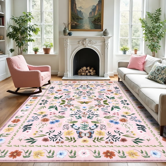 COZONY Boho Floral Area Rug 8x10 ft, Washable Low Pile Faux Wool Rug with Non-Slip Backing