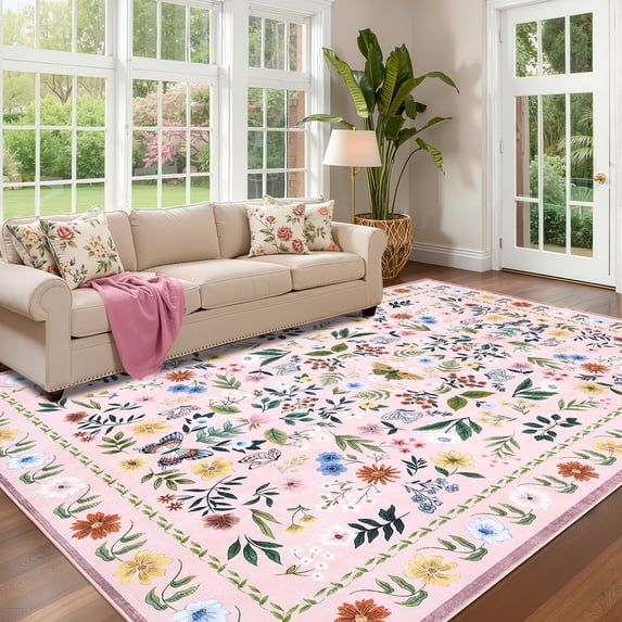 COZONY Boho Floral Area Rug 9x12 ft, Washable Low Pile Faux Wool Rug with Non-Slip Backing