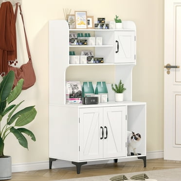 COZONY Cat Litter Box Furniture, Indoor Hidden Litter Box Shell With Litter Mat, 3 Door Cabinets And Ample Storage Space, Cat Washroom Furniture, Multi-Purpose Home Decor, White