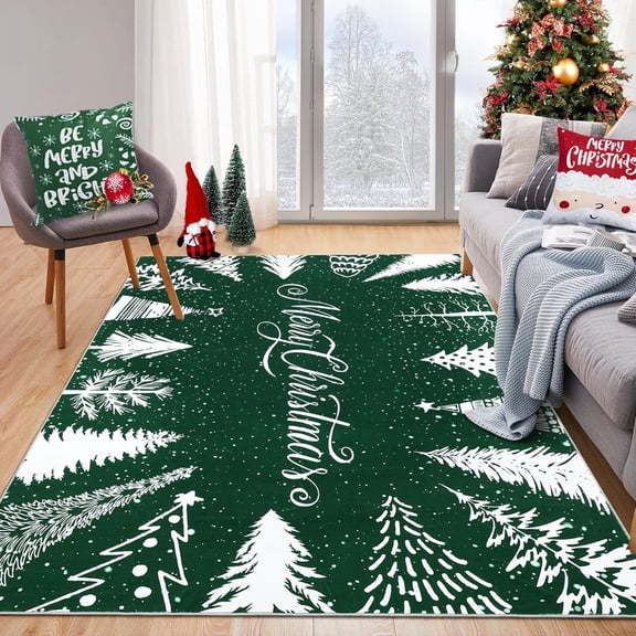 COZONY Christmas Area Rug 8x10 Ft, Heavy Velvet Washable Non-Slip Rug, Green Xmas Print, Low Pile Holiday Carpet for Home