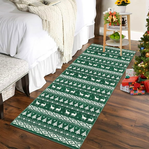 COZONY Christmas Runner Rug, Green 2x8ft, Washable Snowflake Carpet, Non-Slip Decorative Accent for Dining Room or Hallway