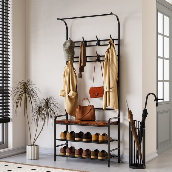 COZONY Coat Rack Shoe Bench with 8 Hooks, Versatile 4-in-1 Wood Entryway Bench, 3-Tier Storage Shelf, 23.62*11.8*70.87", Rustic Brown