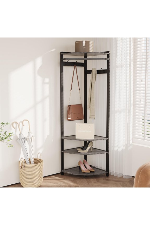 Corner Coat Rack, Corner Hall Tree with 6 Double Hooks & Shoe Bench, Storage Shelf, Gray