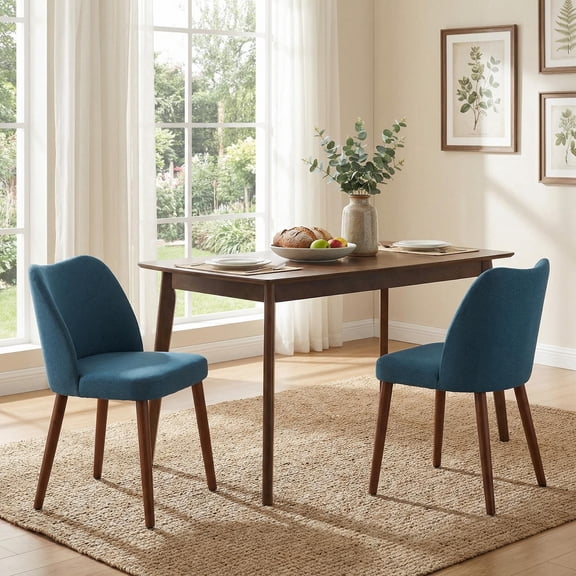 COZONY Dining Chair Set of 2, Upholstered Linen Dining Chairs with Wood Legs & Wing Backrest, for Dining Room or Living Room, Blue