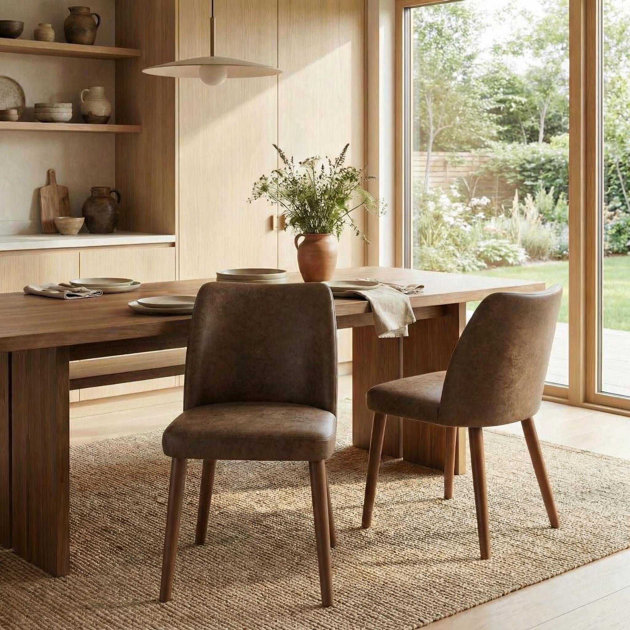 COZONY Dining Chair Set of 2, Upholstered PU Leather Dining Chairs with Wood Legs & Wing Backrest, for Dining Room or Living Room, Coffee Color