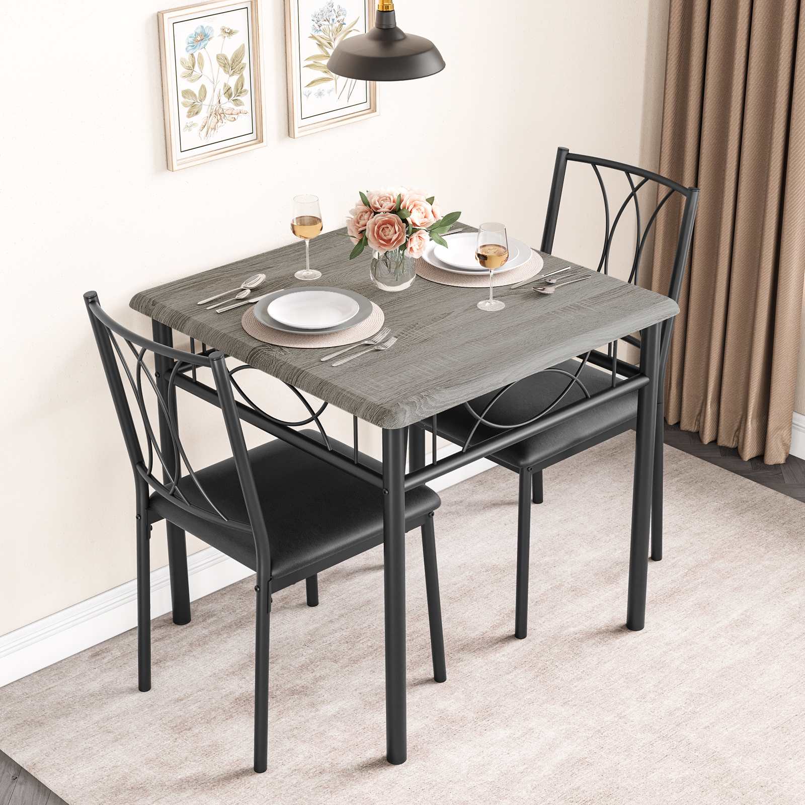 COZONY Dining Table Set for 2, Kitchen Table and Upholstered Chairs, 3-Piece Dining Room Table Set for Small Space, Apartment, Gray