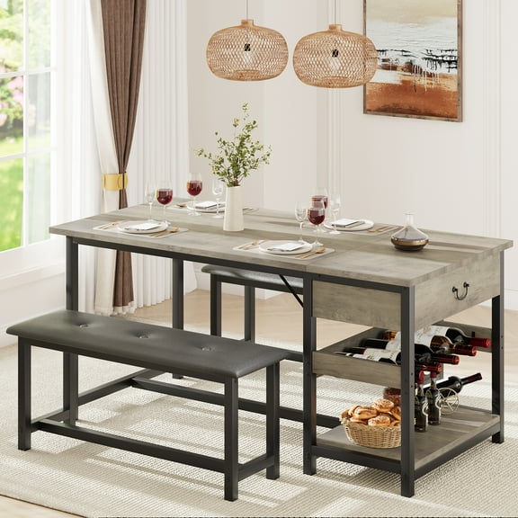 COZONY Dining Table Set for 4 with 2 Benches, Storage Drawer & Wine Rack, Space-Saving Metal Frame
