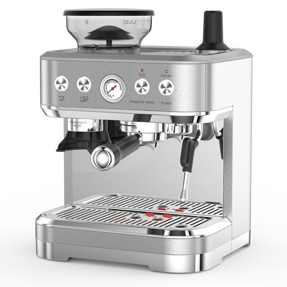 COZONY Espresso Machine 15 Bar, 2.5 L Water Tank, Semi Automatic Coffee Maker with Grinder, Milk Frother/Steam Wand, Italian Pump, All-in-One Espresso Machine, Stainless Steel, Silver