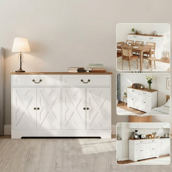 COZONY Farmhouse Coffee Bar Cabinet, Kitchen Storage Buffet with 2 Doors, Drawer & Adjustable Shelf, White Cabinet, 150 LB Capacity