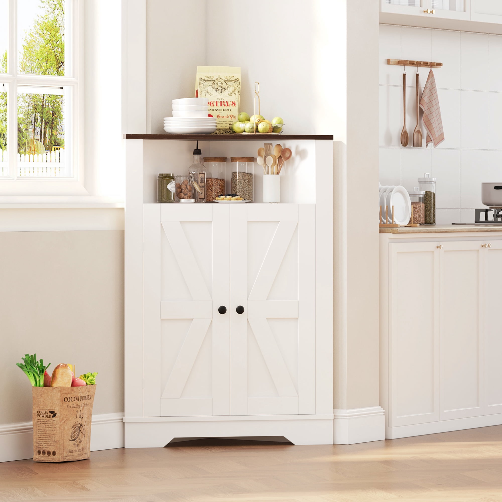 COZONY Farmhouse Corner Storage Cabinet with Door and Adjustable Shelf, Narrow Floor Cabinet for Bathroom, Pantry, Living Room,White