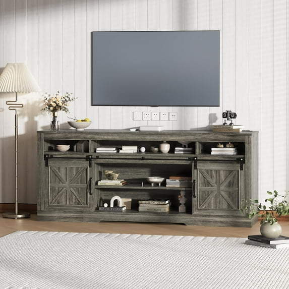 COZONY Farmhouse TV Console for 75" TV, 66" Media Cabinet with Sliding Doors, Charging Station & Storage Shelves