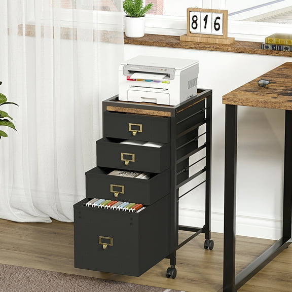 COZONY File Cabinet with 4 Drawers & Wheels, Rolling Wooden Storage Fits Letter Size or A4, Fabric Vertical File Cabinet for Open Shelf, Printer Stand, Home, Office, Black, 11.8*14.9*26.2"