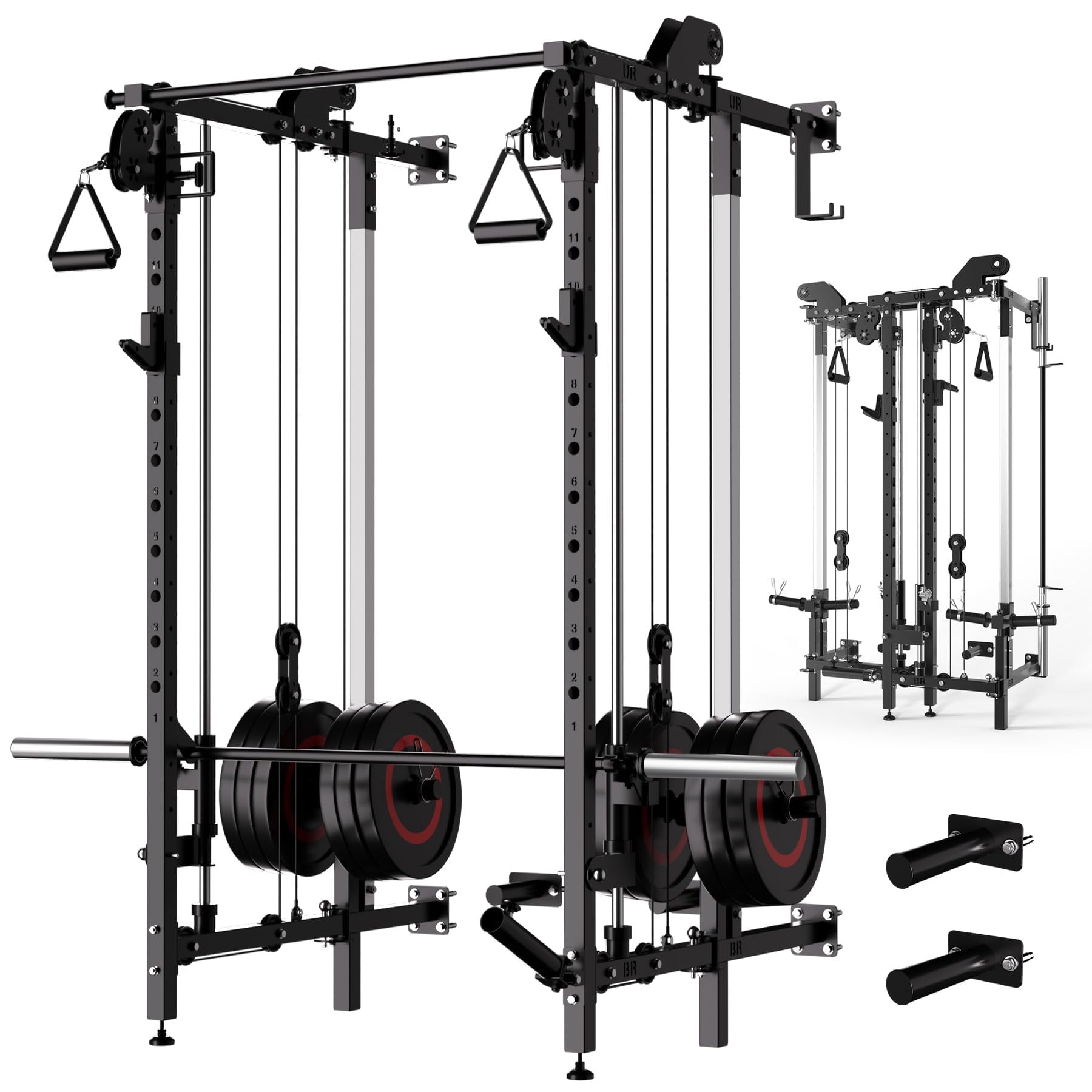 COZONY Folding Wall Mounted Squat Rack, Dual Independent Pulley System with Pull Up Bar & J-Hooks, Multi-Function Power Cage for Home Gym,Black