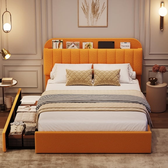 COZONY Full Size Boucle Upholstered Platform Bed Frame with Storage Headboard & 2 Drawers, Noise-Free Design, Yellow