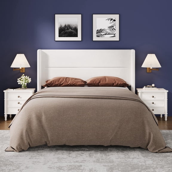 COZONY Full Size Upholstered Bed Frame with Wingback Headboard, Wood Slat Support, No Box Spring Needed, White Flannel