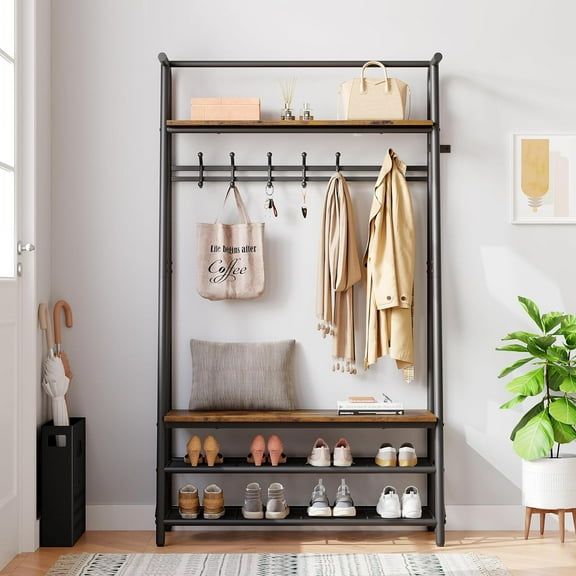 COZONY Hall Tree Entryway Bench with Storage, Wood-Look Metal Frame