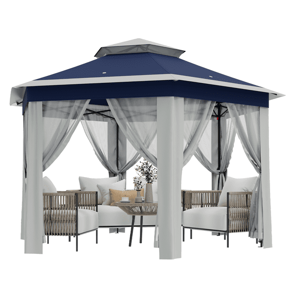 COZONY Hexagonal Pop-Up Gazebo with Mosquito Net & Vented Roof, Adjustable Height Sun Shelter for Patio, Garden, Backyard, Blue