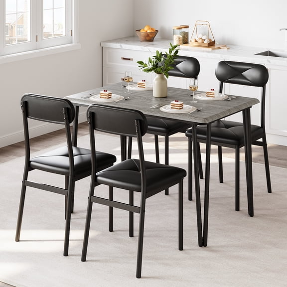 COZONY Industrial Dining Table Set of 4, Retro Wood & Metal Kitchen Table w/ Upholstered Chairs,Gray