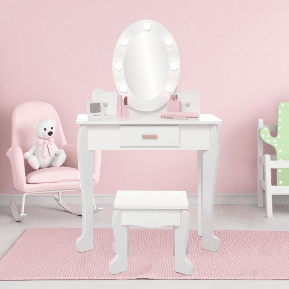 COZONY 3 Piece Modern Vanity Table Set with LED Lights and Makeup Toy Set, White