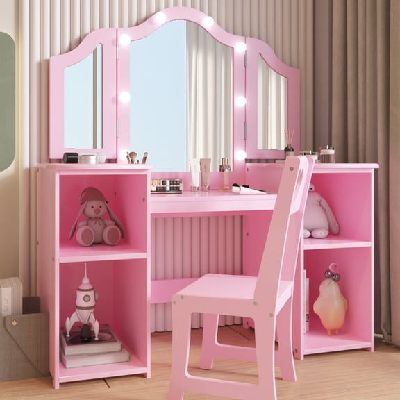 COZONY Kids Vanity Table and Chair Set Princess Makeup Desk with Tri Folding Mirror Touch Light Storage Shelves Convertible Writing Desk Girls, Pink