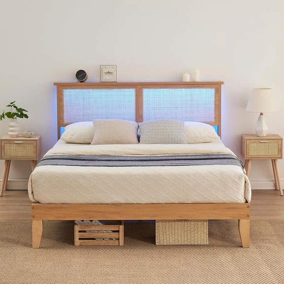 COZONY King Rattan Bed Frame w/ LED Headboard & Underbed Storage, Natural Boho Design No Box Spring Needed