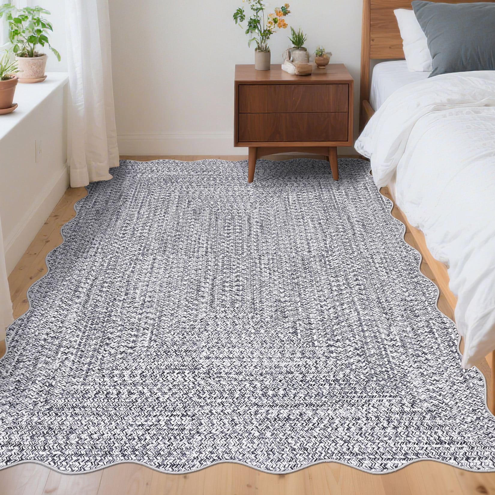 COZONY Large 9x12 Scalloped Washable Rug, Non-Slip Low Pile Farmhouse Area Carpet for Living Room, Dining Room and Home Office, Gray