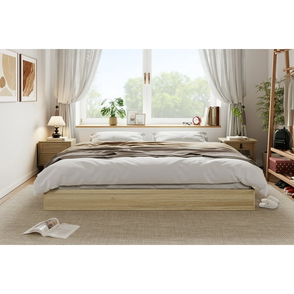 COZONY Low Profile King Size Wooden Platform Bed Frame,Floor Bed with Metal & Wood Slat Support,No Box Spring Needed,Golden Tan Wood Color