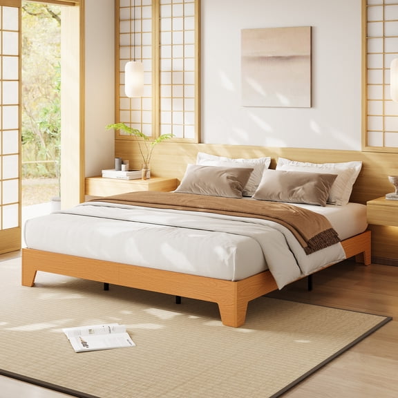 COZONY Minimalist King Wooden Bed Frame, Farmhouse Platform Bed with Reinforced Slats, No Box Spring, Natural Pine Finish
