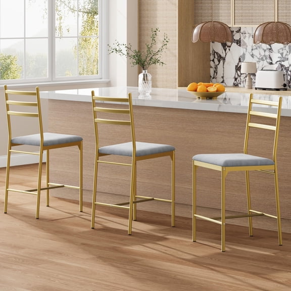 COZONY Modern Bar Stools, Set of 2, Upholstered Counter Height Stools with Curved Back and Footrest for Kitchen Island, Home Bar,Gold