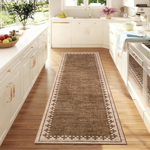 COZONY Modern Bordered 2'x6' Hallway Runner Rug, Soft Washable Low Pile Entryway Carpet, Stain-Resistant, Brown
