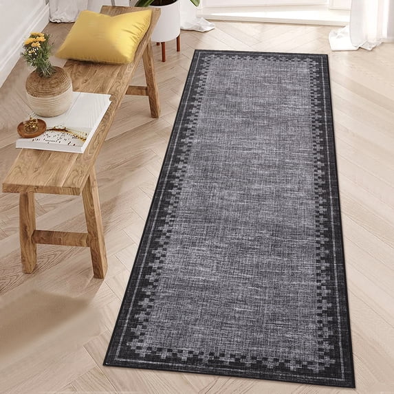 COZONY Modern Bordered 2'x6' Runner Rug, Washable Low Pile Non-Slip Soft Hallway Carpet for Entryway, Black Gray