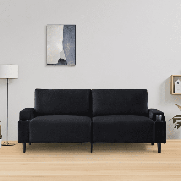 COZONY Modern Linen and Flannel Upholstered Sofa with Soft Sponge Cushioning, Durable Wood Frame for Living Room, 3-Seat,Black