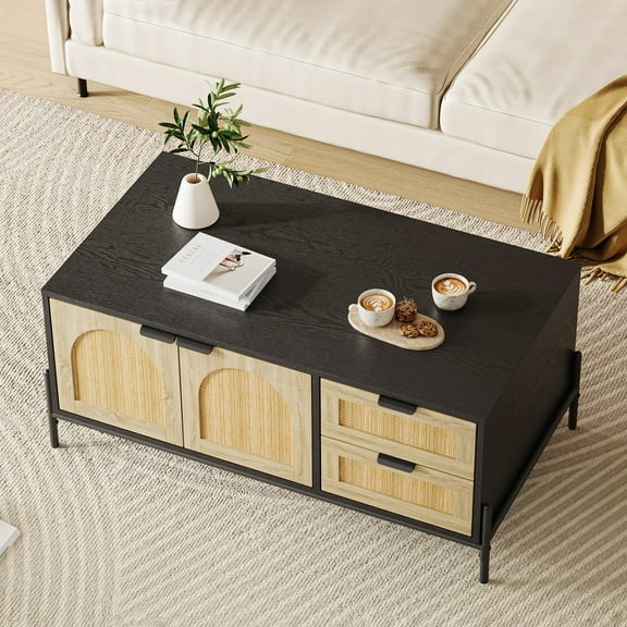 COZONY Modern Rattan Coffee Table with LED Lights, 2 Drawers, 2 Arched Doors, Open Shelf, Black and Oak Metal Frame for Living Room,Black+Oak