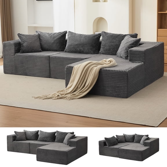 COZONY Modular Corduroy Cloud Sectional Sofa with Deep Seat and Chaise, No Assembly Required, Free Combination, Washable Covers,Dark Gray,Right Imperial Consort