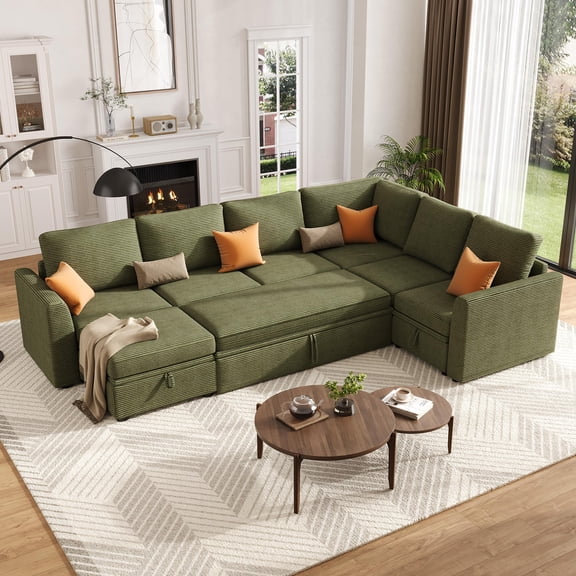 COZONY Modular Sectional Sleeper Sofa with Pull-Out Bed and Large Storage, Chenille Fabric, Sturdy Wooden Frame, Tool-Free Assembly,Green