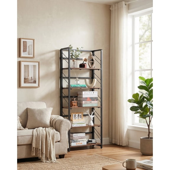 COZONY No-Assembly 5-Tier Folding Bookshelf, Vintage Bookcase with Wood and Metal Frame for Home Office,Black