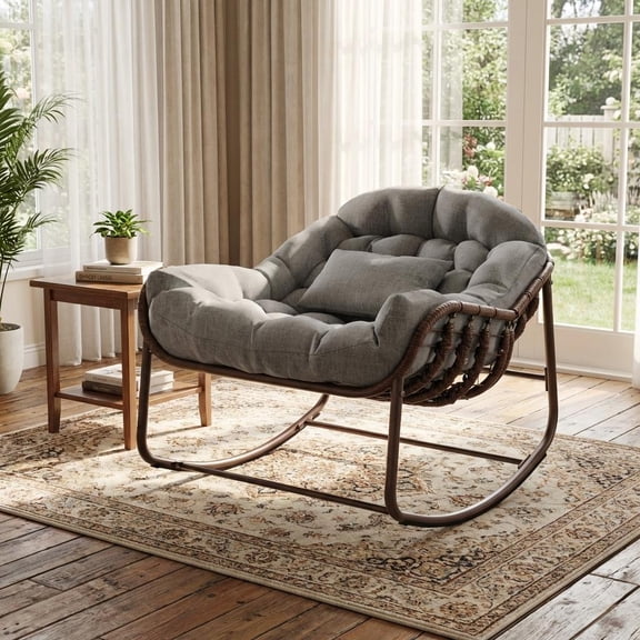 COZONY Outdoor Papasan Rocking Chair, Oversized Wicker Egg Chair with Cushion, Metal Frame Patio Lounge Chair for Balcony Backyard
