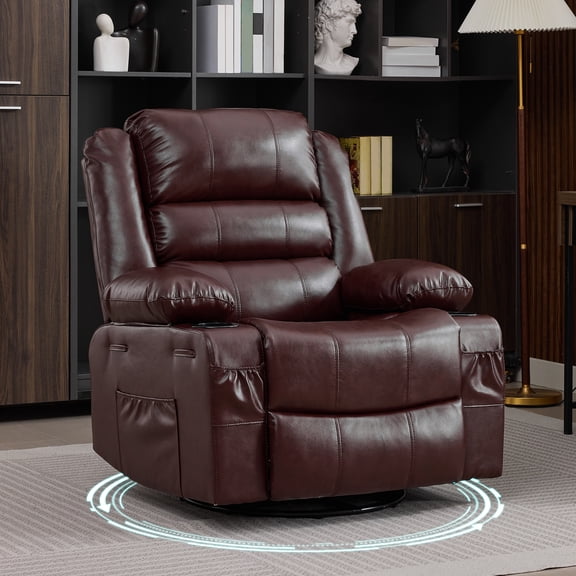 COZONY Oversized Swivel Rocking Recliner Chair,360° Glider with Cup Holder,Comfy Upholstered Single Sofa for Nursery & Living Room,PU Leather Coffee