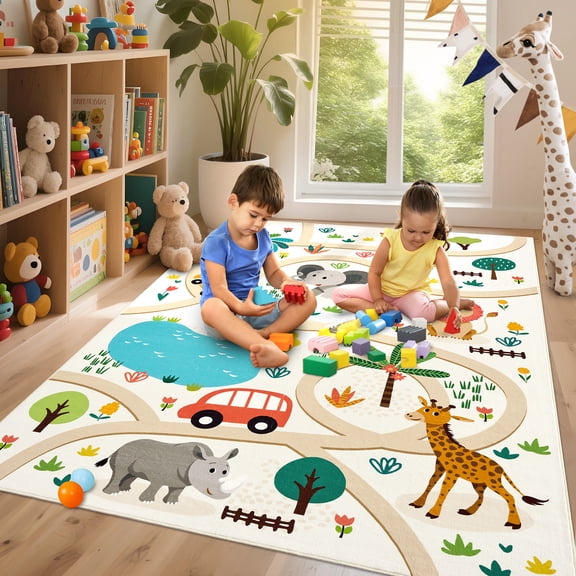 COZONY Play Rug 4'x6' Ultra-Soft Carpet, Forest Cars Animals Road Mat, Non-Slip, Machine Washable