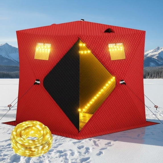 COZONY Pop Up Ice Fishing Shelter with LED Light, 70x70x77 in Insulated Windproof Hub Tent, 1–8 Person