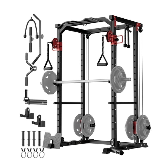COZONY Power Cage with Dual Pulley Systems, 1200 lb Capacity Multi-Functional Squat Rack for Home Gym Strength Training,Black+Red