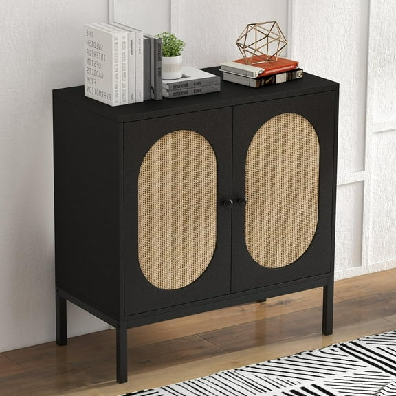 COZONY Rattan Cabinet, Sideboard Storage Cabinet with Rattan Doors and Shelves, Buffet Console Cabinet with Drawers, for Kitchen, Living Room, Dining Room, Hallway, Black, 31.5*15.7*32.6"