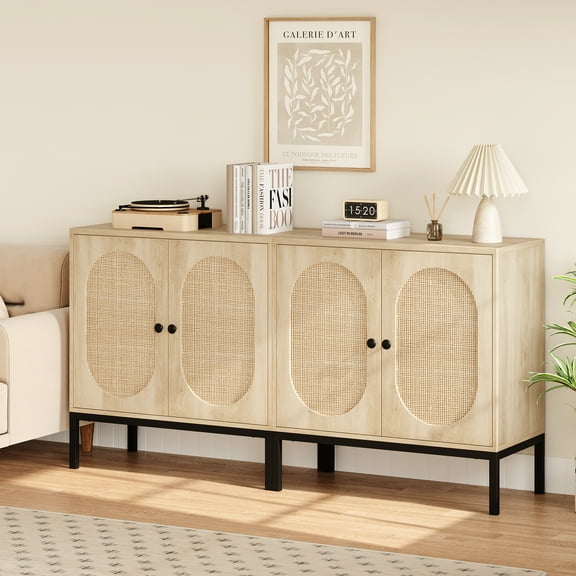 COZONY Rattan Cabinet, Sideboard Storage Cabinet with Rattan Doors and Shelves, Buffet Console Cabinet with Drawers, for Kitchen, Living Room, Dining Room, Hallway, Wood, 31.5*15.7*32.6"