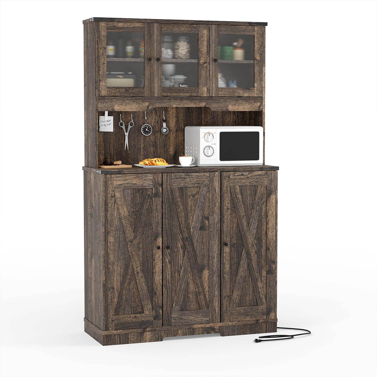 COZONY Rustic Kitchen Pantry Cabinet with Charging Station, Farmhouse Hutch Cupboard with Countertop, 8 Compartments & Adjustable Shelves for Living Room & Kitchen,Dark oak