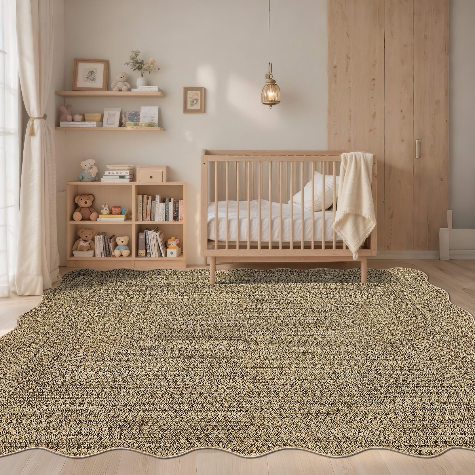 COZONY Scalloped Washable Area Rug 4x6, Non-Slip Low Pile Farmhouse Carpet for Nursery, Kids Room, Dining Room and Bedroom, Beige