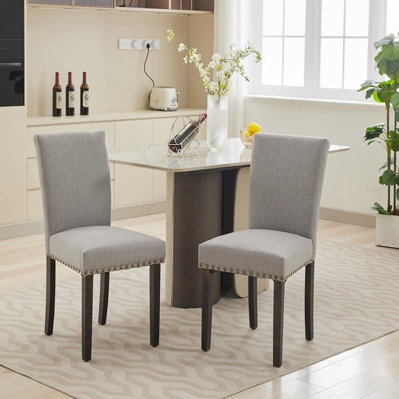 COZONY Set of 2 Fabric burlap Upholstered Dining Chairs with Nailhead Trim, Parsons Design, Padded Seat & Wood Legs for Kitchen, Living Room, Restaurant,Gray