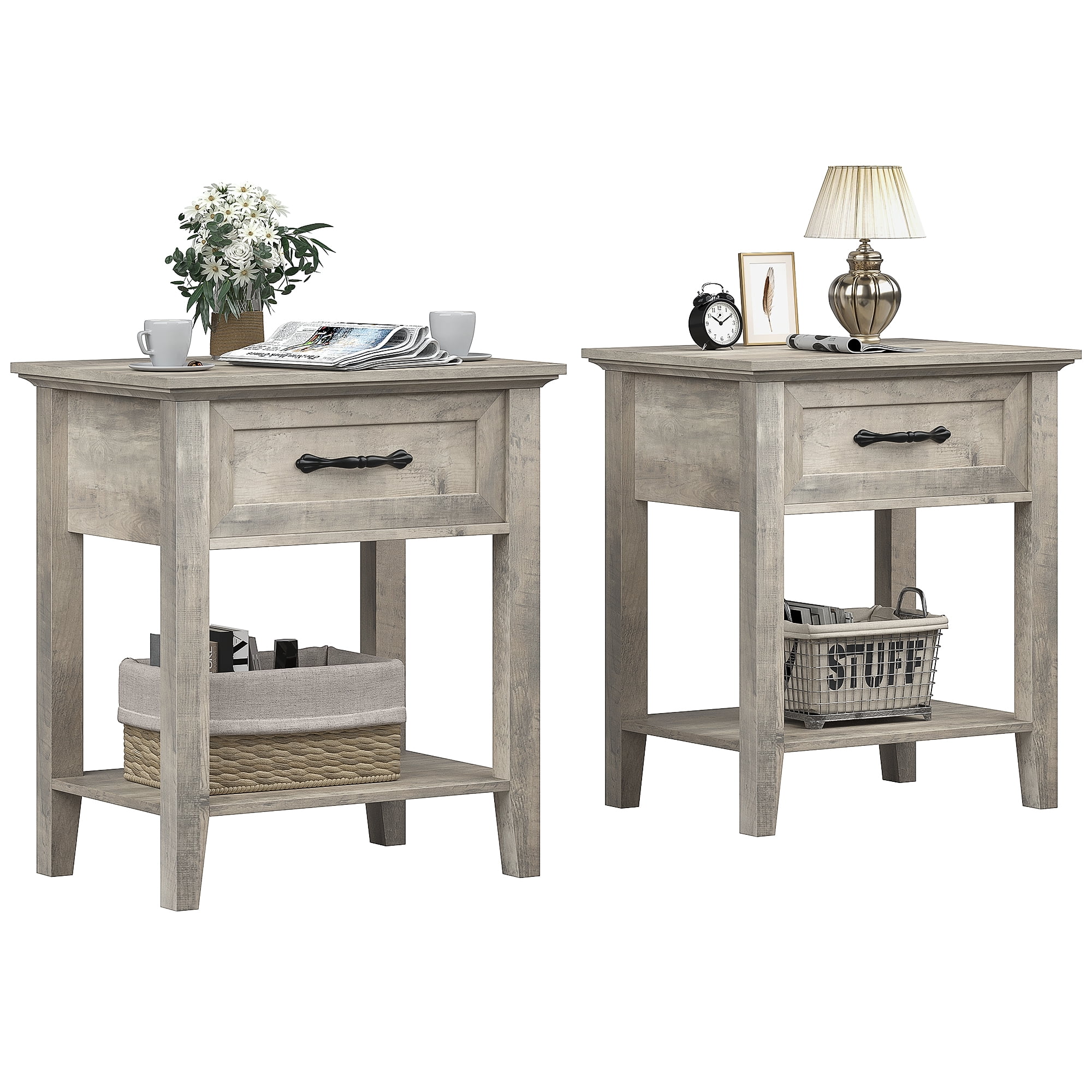 COZONY Set of 2 Nightstand，19.7*15.7*23.4", End Tables with Drawer and 2-Tier Storage Shelves, Versatile Bedside Tables for Living Room, Bedroom, Dorm Rooms, Gray