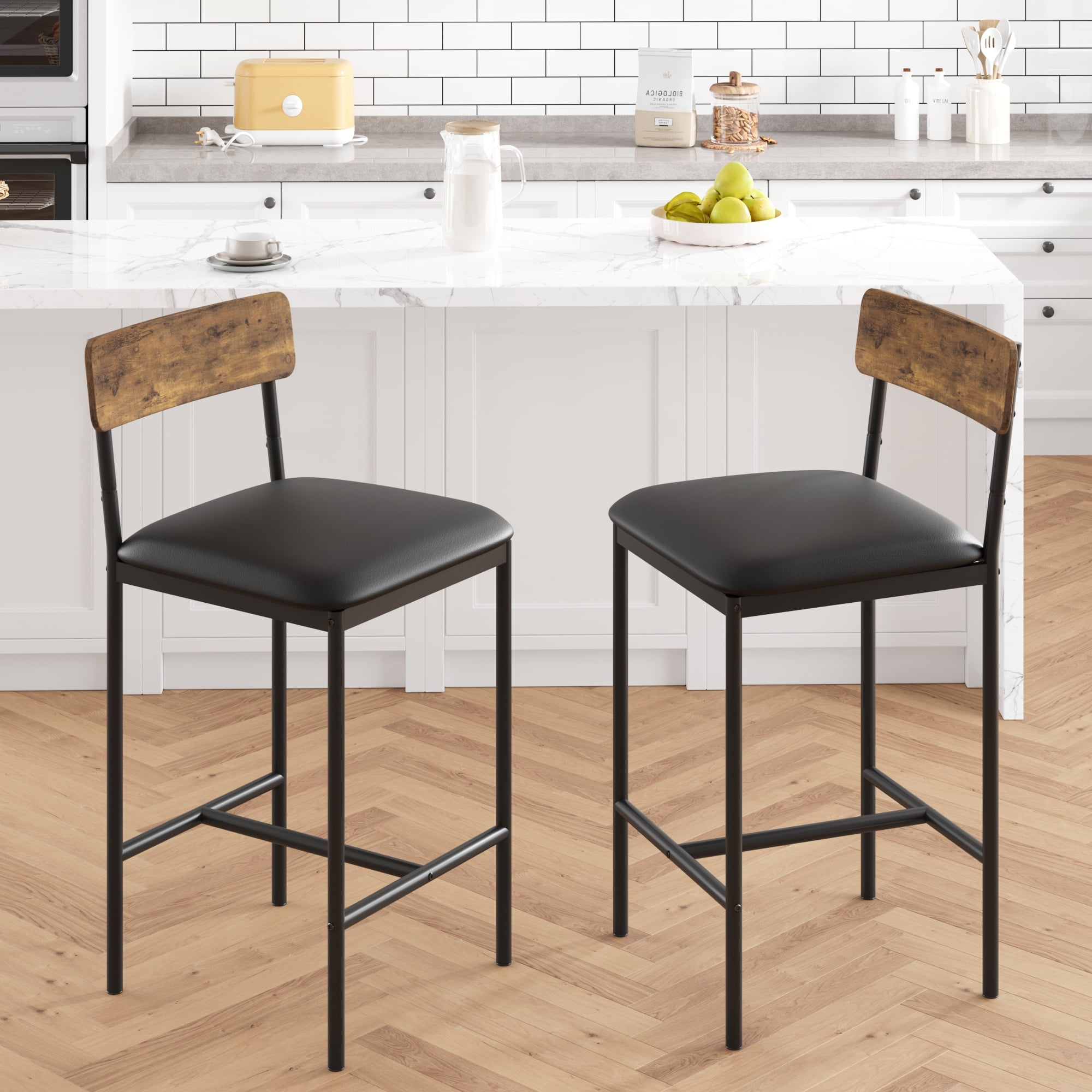 COZONY Set of 2/4 Bar Stools, Counter Height with Back & Upholstered Seat, Footrest for Kitchen Island, Bars