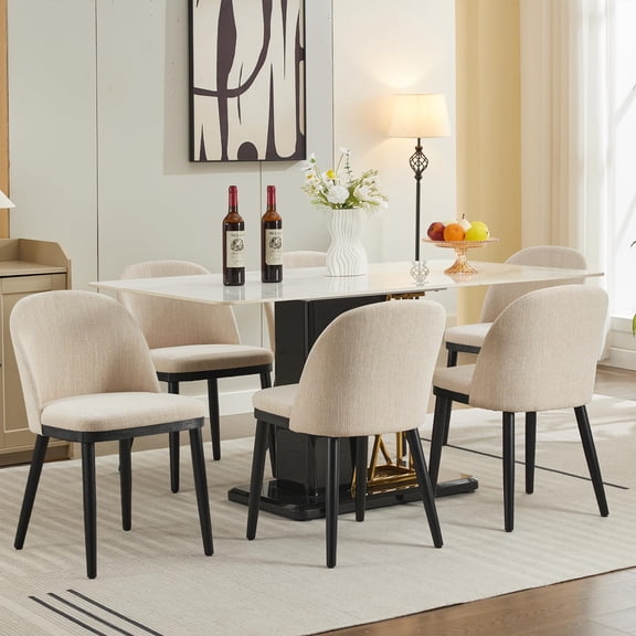 COZONY Set of 6 Upholstered Dining Chairs, Modern Farmhouse Side Chairs with Padded Seat and Wood Legs, Open Back Design,Beige